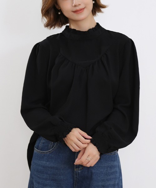 ONEP STAR(ワンピスター)の「フリルハイネックギャザーブラウス(シャツ/ブラウス・レディース・ベージュ/ミント/ブラック/スモークピンク/ホワイト/ブルー・FREE)」の1枚目の写真