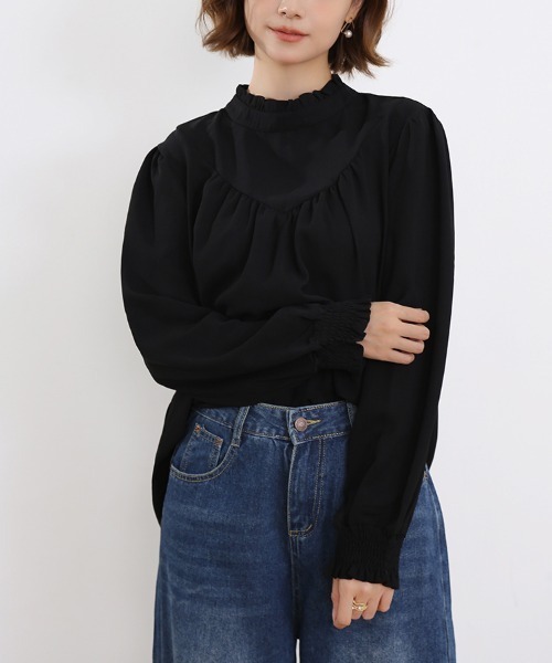 ONEP STAR(ワンピスター)の「フリルハイネックギャザーブラウス(シャツ/ブラウス・レディース・ベージュ/ミント/ブラック/スモークピンク/ホワイト/ブルー・FREE)」の14枚目の写真