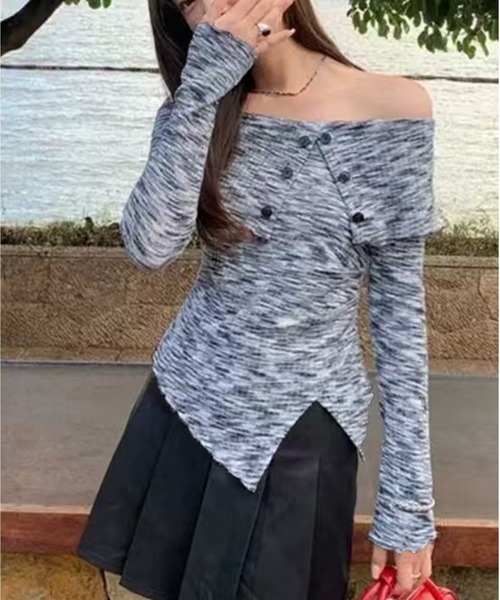 AsheKsha（アシクシャ）の「【新作】ニットオフショルダー長袖（Tシャツ/カットソー・レディース・ブラウン/ブラック×ホワイト・M）」の2枚目の写真