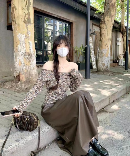 AsheKsha（アシクシャ）の「【新作】ニットオフショルダー長袖（Tシャツ/カットソー・レディース・ブラウン/ブラック×ホワイト・M）」の10枚目の写真