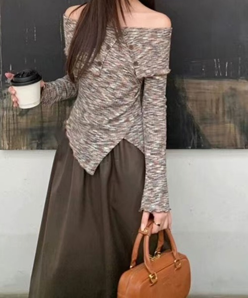 AsheKsha（アシクシャ）の「【新作】ニットオフショルダー長袖（Tシャツ/カットソー・レディース・ブラウン/ブラック×ホワイト・M）」の14枚目の写真