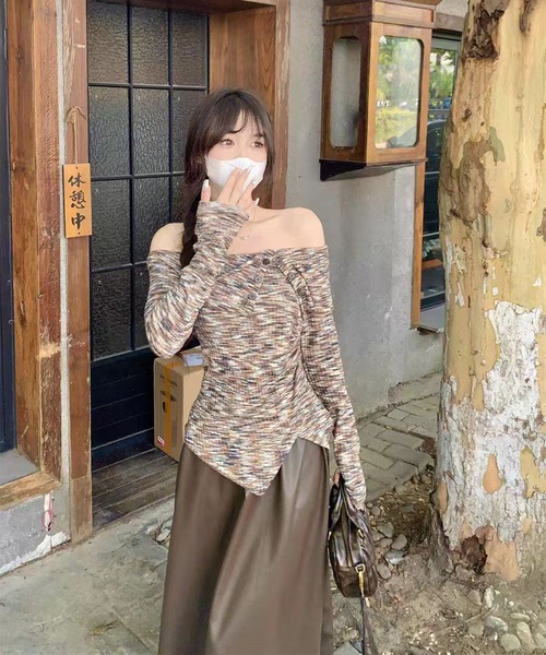 AsheKsha（アシクシャ）の「【新作】ニットオフショルダー長袖（Tシャツ/カットソー・レディース・ブラウン/ブラック×ホワイト・M）」の16枚目の写真