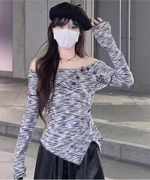 AsheKsha（アシクシャ）の「【新作】ニットオフショルダー長袖（Tシャツ/カットソー・レディース・ブラウン/ブラック×ホワイト・M）」の22枚目の写真