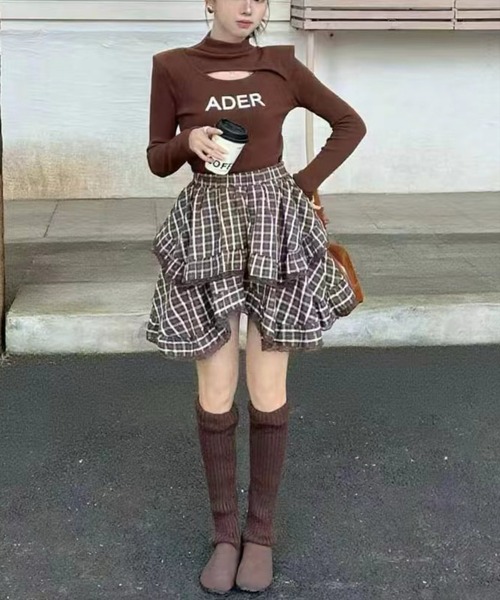 STAY MOTION（ステイモーション）の「【WEB限定】裾アシンメトリーチェック柄フリルミニスカート［韓国ファッション ガーリー］（スカート・レディース・ブラック/ブラウン・S/M）」の7枚目の写真