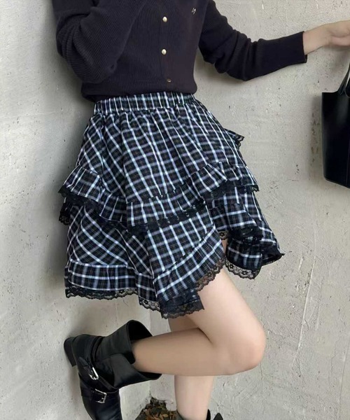 STAY MOTION（ステイモーション）の「【WEB限定】裾アシンメトリーチェック柄フリルミニスカート［韓国ファッション ガーリー］（スカート・レディース・ブラック/ブラウン・S/M）」の9枚目の写真