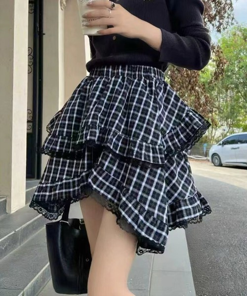 STAY MOTION（ステイモーション）の「【WEB限定】裾アシンメトリーチェック柄フリルミニスカート［韓国ファッション ガーリー］（スカート・レディース・ブラック/ブラウン・S/M）」の5枚目の写真