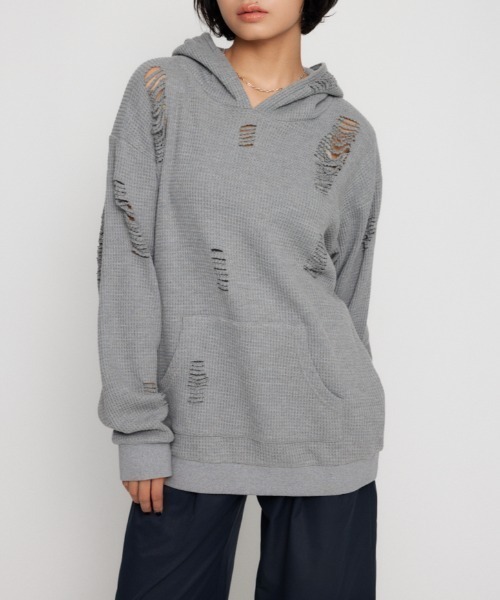 LAGUA GEM(ラグアジェム)の「OVER CRASH HOODIE トップス(パーカー・レディース・バーガンディー/杢グレー/ブラック・FREE)」の3枚目の写真