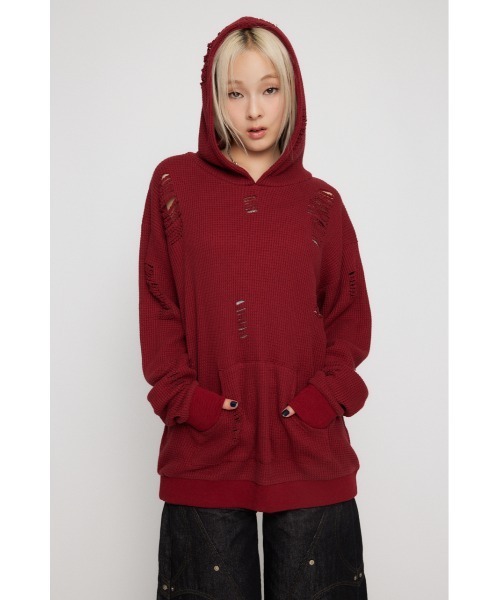 LAGUA GEM(ラグアジェム)の「OVER CRASH HOODIE トップス(パーカー・レディース・バーガンディー/杢グレー/ブラック・FREE)」の5枚目の写真