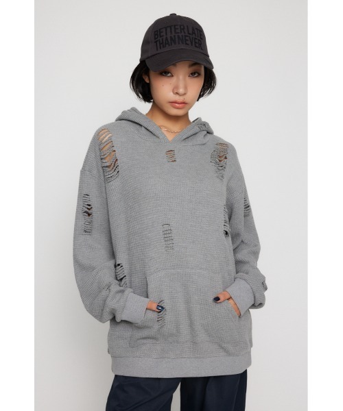 LAGUA GEM(ラグアジェム)の「OVER CRASH HOODIE トップス(パーカー・レディース・バーガンディー/杢グレー/ブラック・FREE)」の9枚目の写真