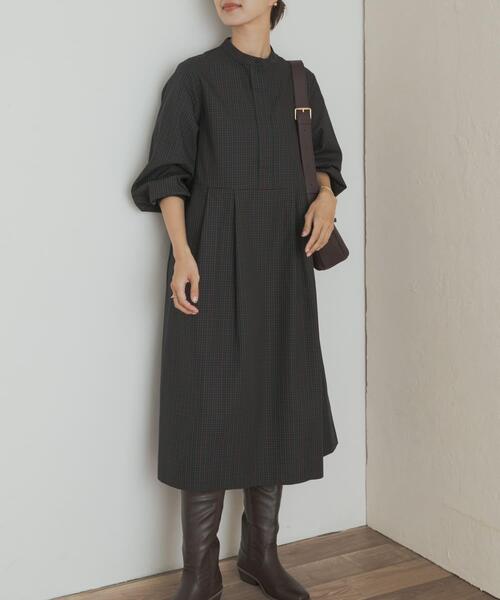 セール】『UR TECH』チェック柄バルーンスリーブワンピース