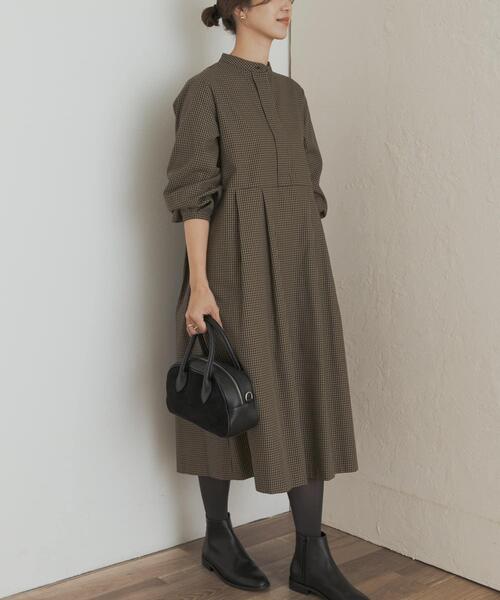 セール】『UR TECH』チェック柄バルーンスリーブワンピース