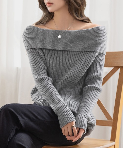 DAY CLOSET（デイ クローゼット）の「【2WAY/着るだけこなれ魅せ/まろやかニット】長袖オフショルリブニットトップス レディース（ニット/セーター・レディース・アイボリー/ブラック/グレー・FREE）」の3枚目の写真