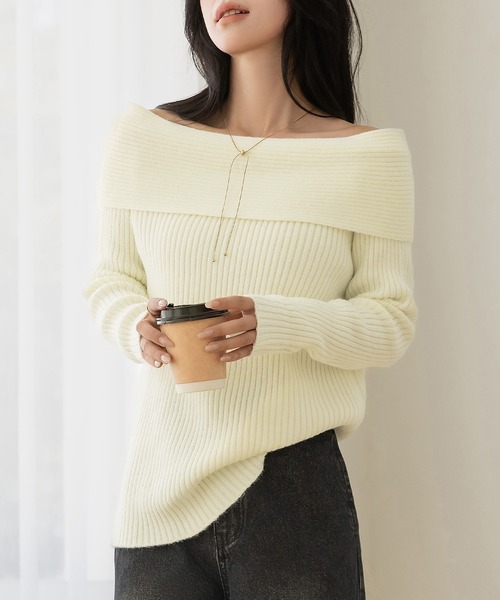 DAY CLOSET（デイ クローゼット）の「【2WAY/着るだけこなれ魅せ/まろやかニット】長袖オフショルリブニットトップス レディース（ニット/セーター・レディース・アイボリー/ブラック/グレー・FREE）」の4枚目の写真