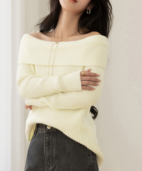 DAY CLOSET（デイ クローゼット）の「【2WAY/着るだけこなれ魅せ/まろやかニット】長袖オフショルリブニットトップス レディース（ニット/セーター・レディース・アイボリー/ブラック/グレー・FREE）」の5枚目の写真