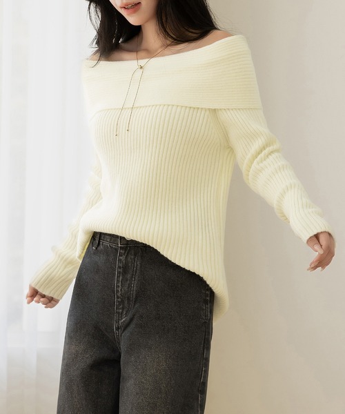 DAY CLOSET（デイ クローゼット）の「【2WAY/着るだけこなれ魅せ/まろやかニット】長袖オフショルリブニットトップス レディース（ニット/セーター・レディース・アイボリー/ブラック/グレー・FREE）」の6枚目の写真