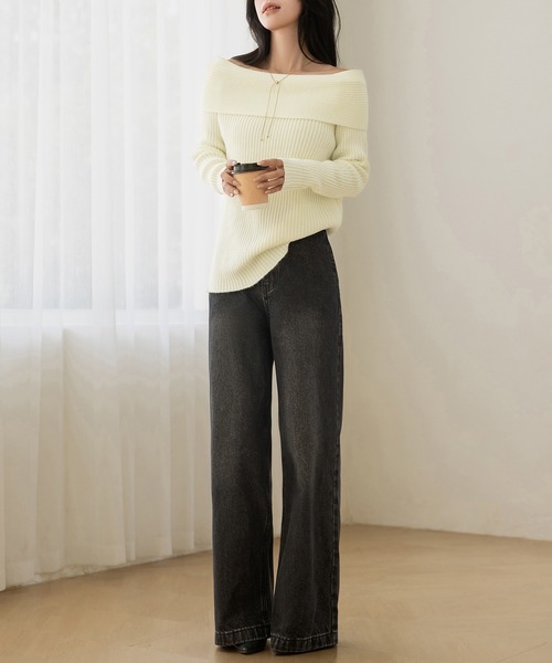DAY CLOSET（デイ クローゼット）の「【2WAY/着るだけこなれ魅せ/まろやかニット】長袖オフショルリブニットトップス レディース（ニット/セーター・レディース・アイボリー/ブラック/グレー・FREE）」の8枚目の写真