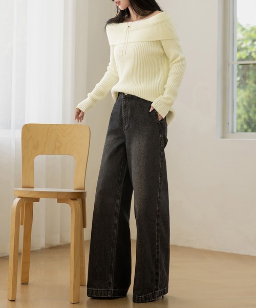 DAY CLOSET（デイ クローゼット）の「【2WAY/着るだけこなれ魅せ/まろやかニット】長袖オフショルリブニットトップス レディース（ニット/セーター・レディース・アイボリー/ブラック/グレー・FREE）」の9枚目の写真