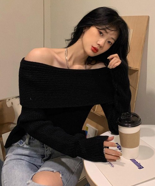 DAY CLOSET（デイ クローゼット）の「【2WAY/着るだけこなれ魅せ/まろやかニット】長袖オフショルリブニットトップス レディース（ニット/セーター・レディース・アイボリー/ブラック/グレー・FREE）」の13枚目の写真