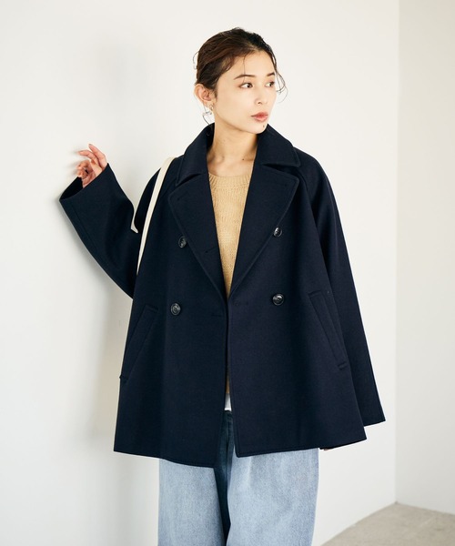 美品 ビアズリー ウールピーコート フード付き ネイビー フリーサイズ