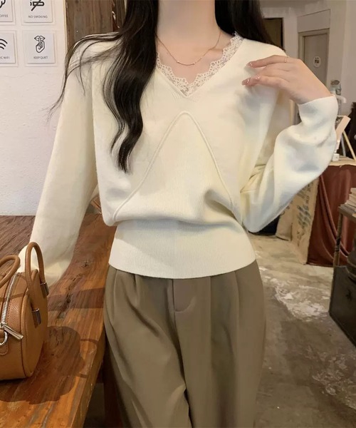 WESTSEA（ウエストシー）の「レースVネック × デザイン切り替え ニットプルオーバー（ニット/セーター・レディース・ブラック/アイボリー/ベージュ/ブラウン・FREE）」の4枚目の写真