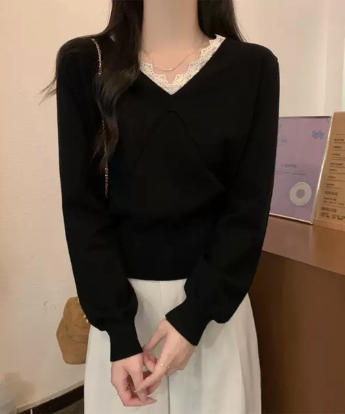 WESTSEA（ウエストシー）の「レースVネック × デザイン切り替え ニットプルオーバー（ニット/セーター・レディース・ブラック/アイボリー/ベージュ/ブラウン・FREE）」の2枚目の写真