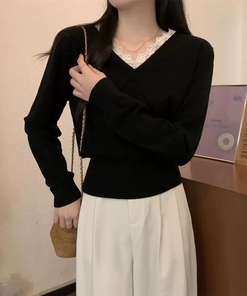 WESTSEA（ウエストシー）の「レースVネック × デザイン切り替え ニットプルオーバー（ニット/セーター・レディース・ブラック/アイボリー/ベージュ/ブラウン・FREE）」の6枚目の写真
