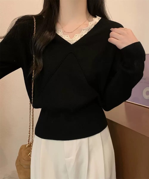 WESTSEA（ウエストシー）の「レースVネック × デザイン切り替え ニットプルオーバー（ニット/セーター・レディース・ブラック/アイボリー/ベージュ/ブラウン・FREE）」の7枚目の写真