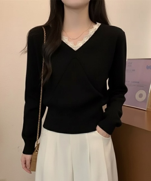 WESTSEA（ウエストシー）の「レースVネック × デザイン切り替え ニットプルオーバー（ニット/セーター・レディース・ブラック/アイボリー/ベージュ/ブラウン・FREE）」の8枚目の写真