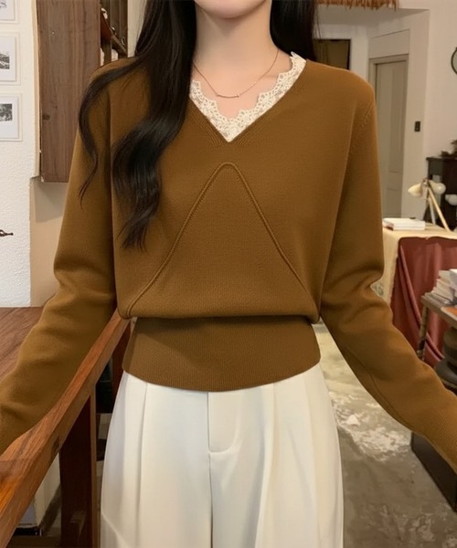 WESTSEA（ウエストシー）の「レースVネック × デザイン切り替え ニットプルオーバー（ニット/セーター・レディース・ブラック/アイボリー/ベージュ/ブラウン・FREE）」の11枚目の写真
