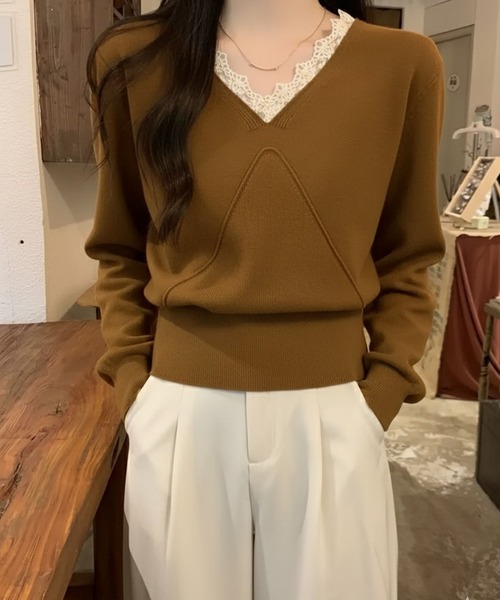 WESTSEA（ウエストシー）の「レースVネック × デザイン切り替え ニットプルオーバー（ニット/セーター・レディース・ブラック/アイボリー/ベージュ/ブラウン・FREE）」の12枚目の写真