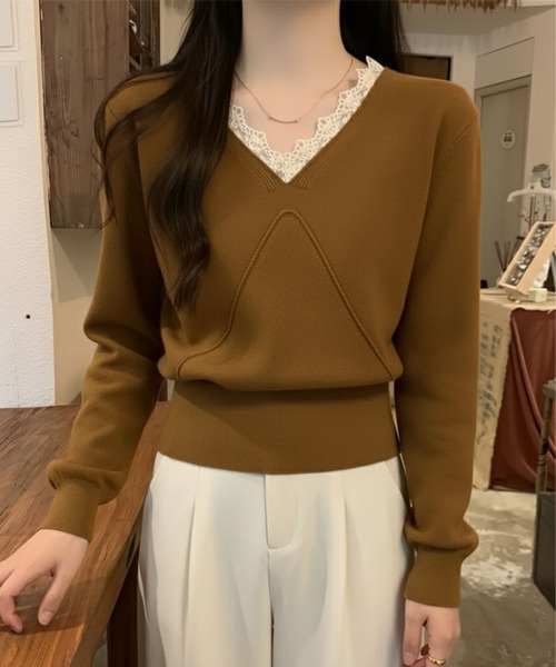WESTSEA（ウエストシー）の「レースVネック × デザイン切り替え ニットプルオーバー（ニット/セーター・レディース・ブラック/アイボリー/ベージュ/ブラウン・FREE）」の13枚目の写真