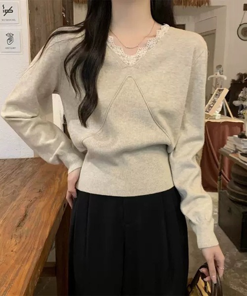 WESTSEA（ウエストシー）の「レースVネック × デザイン切り替え ニットプルオーバー（ニット/セーター・レディース・ブラック/アイボリー/ベージュ/ブラウン・FREE）」の15枚目の写真