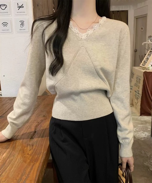 WESTSEA（ウエストシー）の「レースVネック × デザイン切り替え ニットプルオーバー（ニット/セーター・レディース・ブラック/アイボリー/ベージュ/ブラウン・FREE）」の16枚目の写真