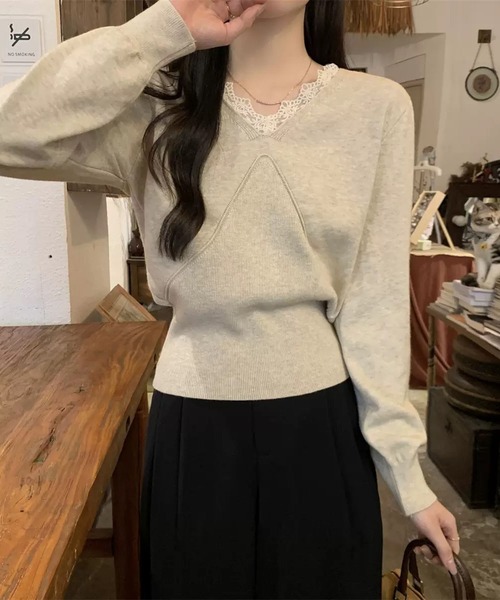 WESTSEA（ウエストシー）の「レースVネック × デザイン切り替え ニットプルオーバー（ニット/セーター・レディース・ブラック/アイボリー/ベージュ/ブラウン・FREE）」の17枚目の写真