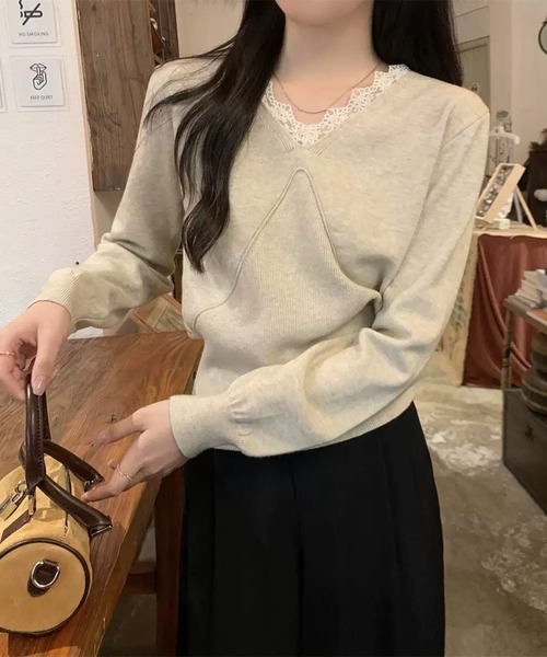 WESTSEA（ウエストシー）の「レースVネック × デザイン切り替え ニットプルオーバー（ニット/セーター・レディース・ブラック/アイボリー/ベージュ/ブラウン・FREE）」の18枚目の写真