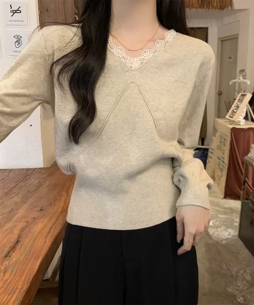 WESTSEA（ウエストシー）の「レースVネック × デザイン切り替え ニットプルオーバー（ニット/セーター・レディース・ブラック/アイボリー/ベージュ/ブラウン・FREE）」の19枚目の写真