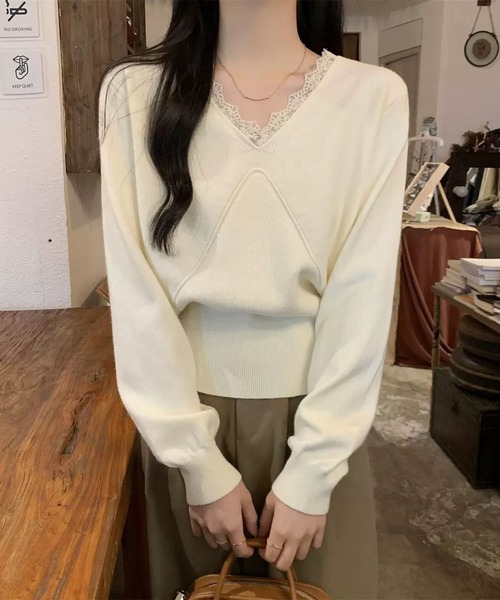 WESTSEA（ウエストシー）の「レースVネック × デザイン切り替え ニットプルオーバー（ニット/セーター・レディース・ブラック/アイボリー/ベージュ/ブラウン・FREE）」の21枚目の写真