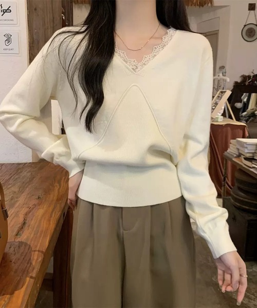WESTSEA（ウエストシー）の「レースVネック × デザイン切り替え ニットプルオーバー（ニット/セーター・レディース・ブラック/アイボリー/ベージュ/ブラウン・FREE）」の22枚目の写真