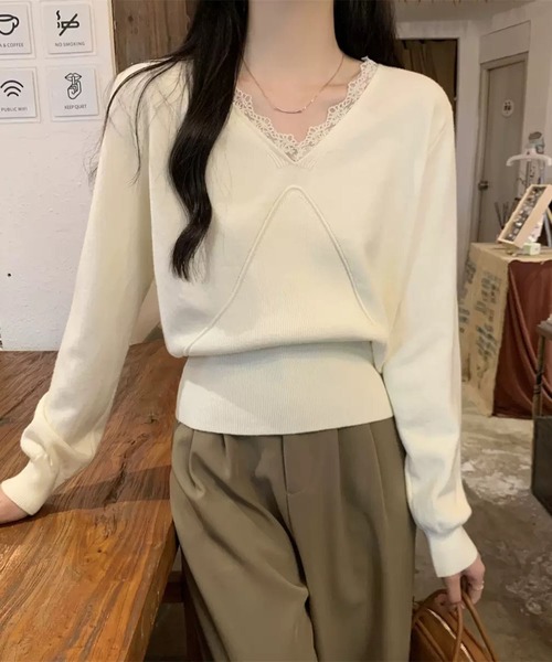 WESTSEA（ウエストシー）の「レースVネック × デザイン切り替え ニットプルオーバー（ニット/セーター・レディース・ブラック/アイボリー/ベージュ/ブラウン・FREE）」の20枚目の写真