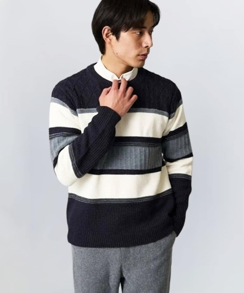 a.v.v（アーヴェヴェ）の「【洗濯機で洗える】モールランダムボーダークルーネックニット（ニット/セーター・メンズ・ブラック/ネイビー/グリーン/ブルー・48/50/44/46）」の3枚目の写真