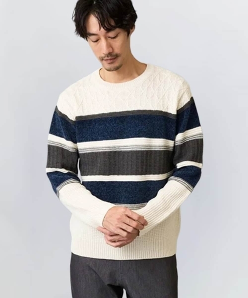 a.v.v（アーヴェヴェ）の「【洗濯機で洗える】モールランダムボーダークルーネックニット（ニット/セーター・メンズ・ブラック/ネイビー/グリーン/ブルー・48/50/44/46）」の4枚目の写真