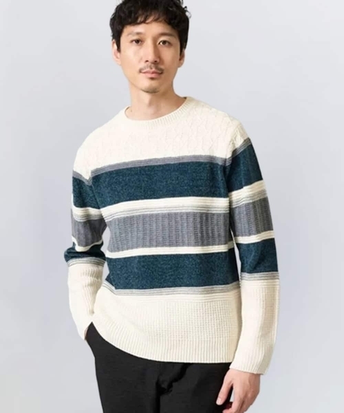 a.v.v（アーヴェヴェ）の「【洗濯機で洗える】モールランダムボーダークルーネックニット（ニット/セーター・メンズ・ブラック/ネイビー/グリーン/ブルー・48/50/44/46）」の2枚目の写真