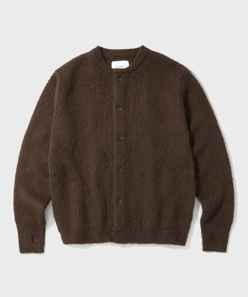 BRUSHED WOOL ROUND NECK CARDIGAN_BROWN