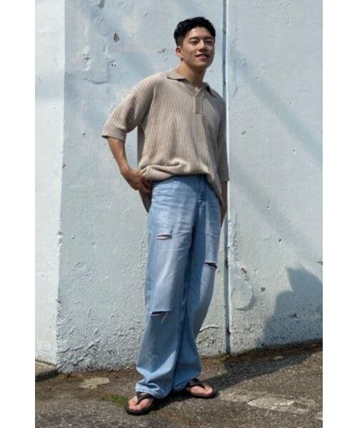 BLOND9(ブロンドナイン)の「オープンカラー パンチングニット_ベージュ(ポロシャツ・メンズ・ベージュ・LARGE/MEDIUM/SMALL/X-LARGE/XX-LARGE)」の3枚目の写真