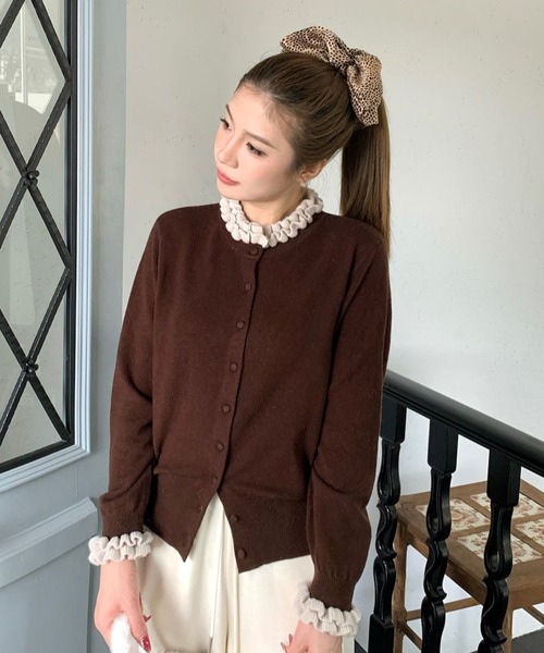 フリル襟カーディガン／ふわニット／大人フェミニンニットセーター