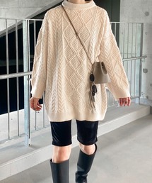 ISOOK | ビッグサイズケーブルニット(kiharu select) / セーター プルオーバー ルーズ オーバーサイズ 長袖 クルーネック ラウンドネック 丸首 グレー アイボリー(ニット/セーター)