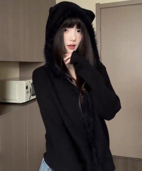 セール】シャギーミックス猫耳フードニットパーカー（パーカー