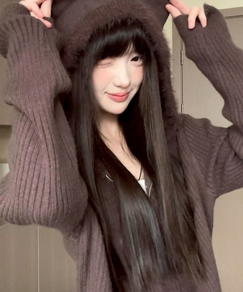 シャギーミックス猫耳フードニットパーカー（パーカー）｜leune（ルネ