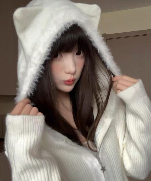 セール】シャギーミックス猫耳フードニットパーカー（パーカー