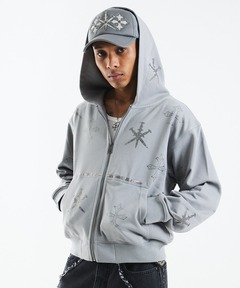 unknown パーカー グレー フーディー｜WASH GREYxBLACK CROSS ZIP HOODIE｜Unknown London